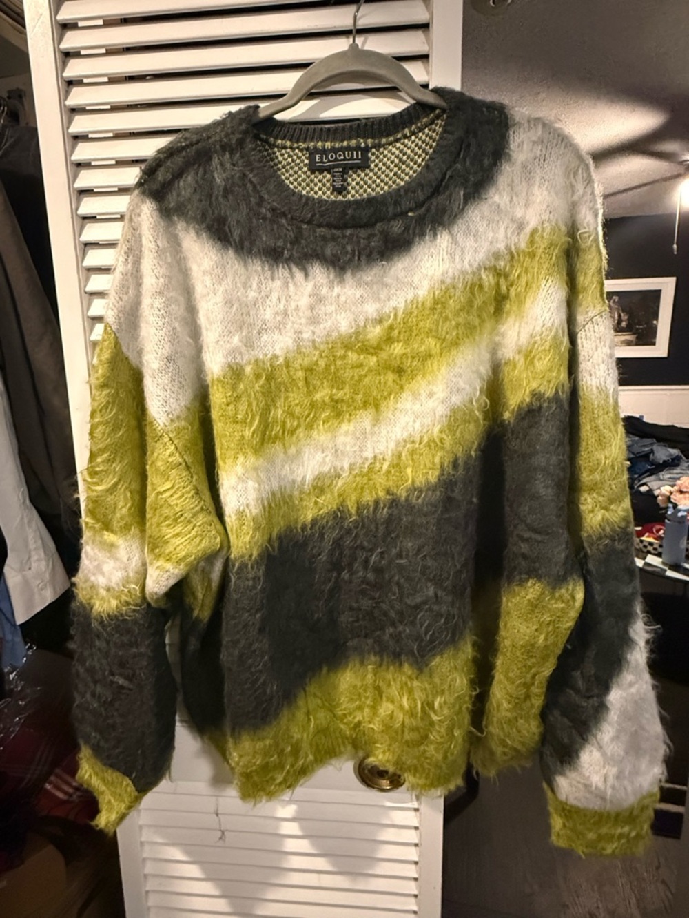 Eloquii Olive Green, Gray & White Fuzzy Knit Sweater